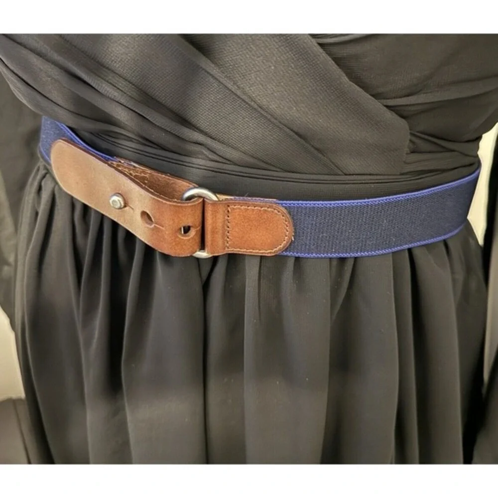 Navy Blue‎ Elastic Stretch Belt Brown Leather Tab Stud Closure Silver Ring 47-08